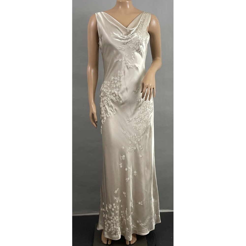 SOLD Vintage Satin Beaded Cowl Neck Champagne Colored Dress/Gown
